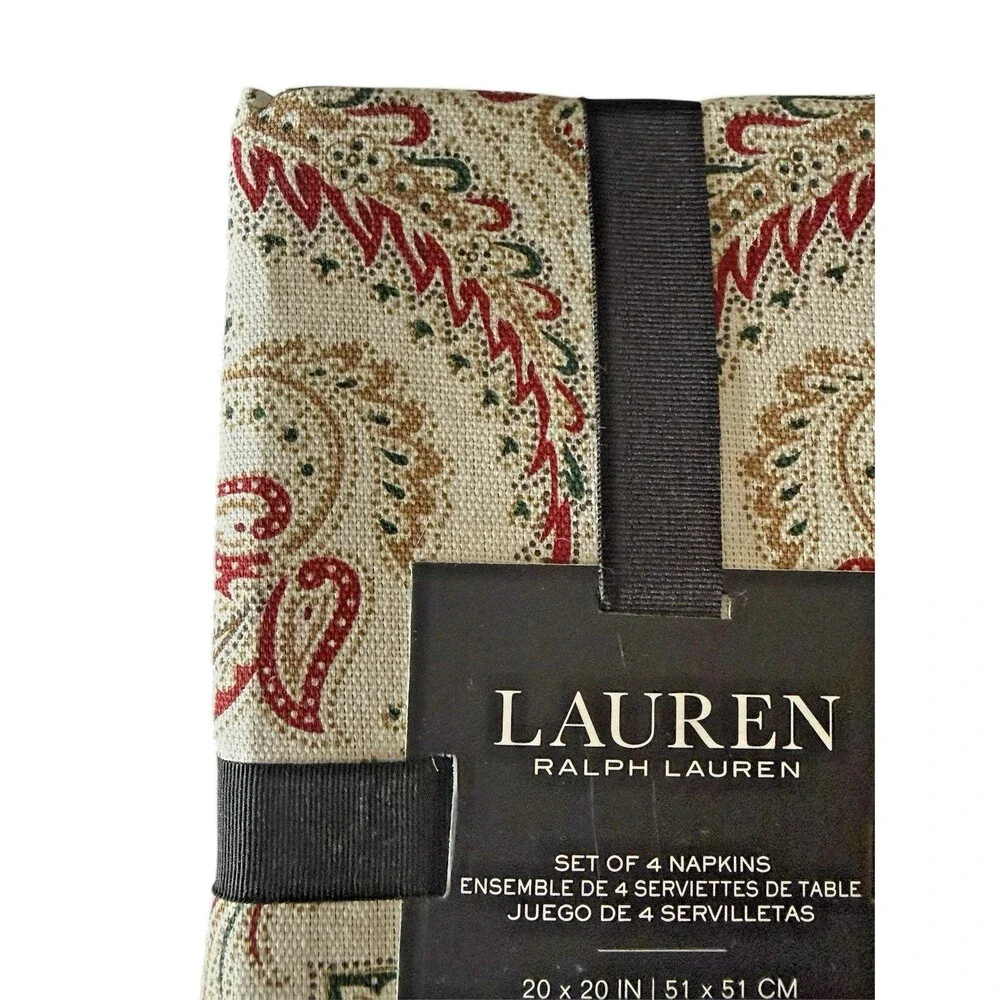 Ralph Lauren Paisley Napkins Fabric Holiday Ivory Red Gold Green Set Of 4
